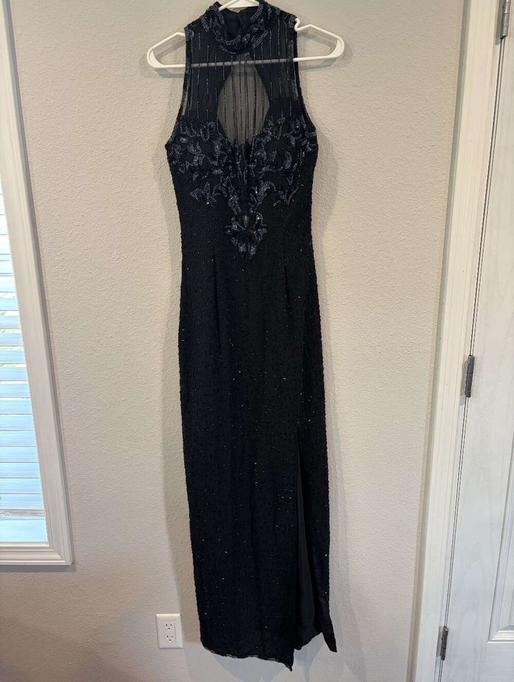 Midnight Formals Vintage Womens 100%‎ Silk Black Beaded Sequin Evening Gown SZ 8
